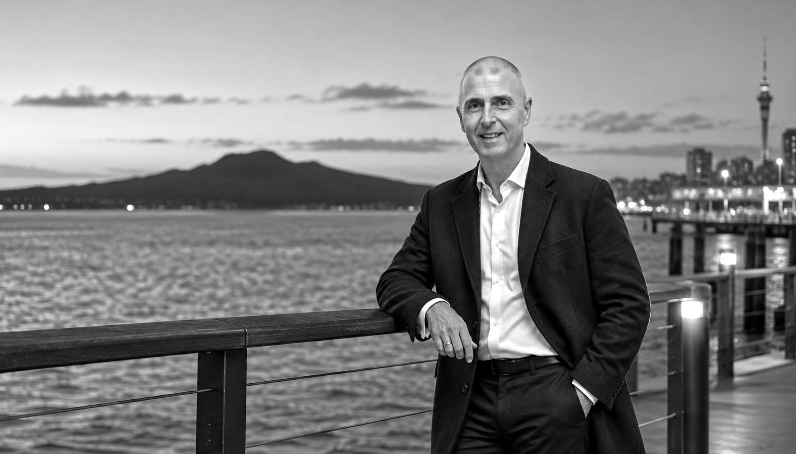 Tristan Roberts by the harbour at dusk